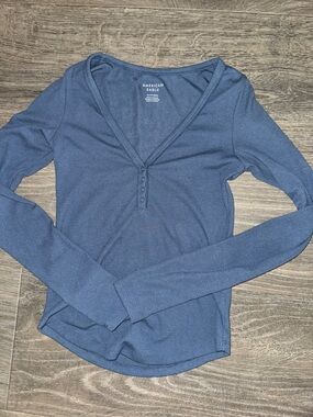 American Eagle Outfitters Long-Sleeve Ribbed Henley Top - Slate blue Gray XS